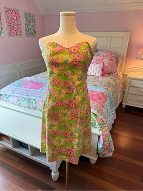 Lilly Pulitzer Strapless Floral Dress in Pink, Green, Yellow